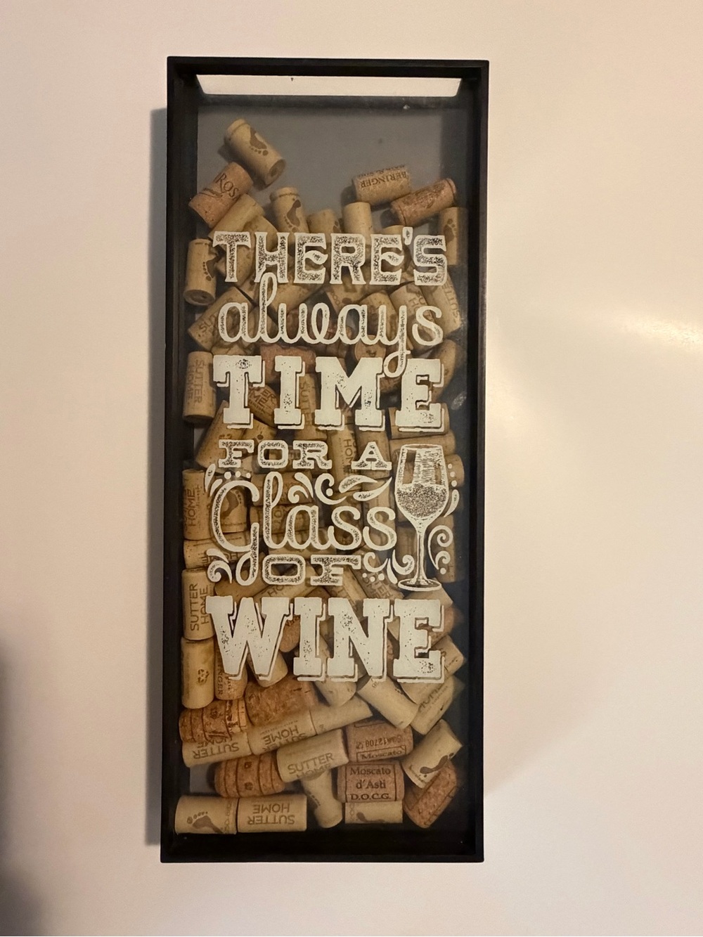 Black Frame Wine Cork Shadow Box Wall Art with White Lettering